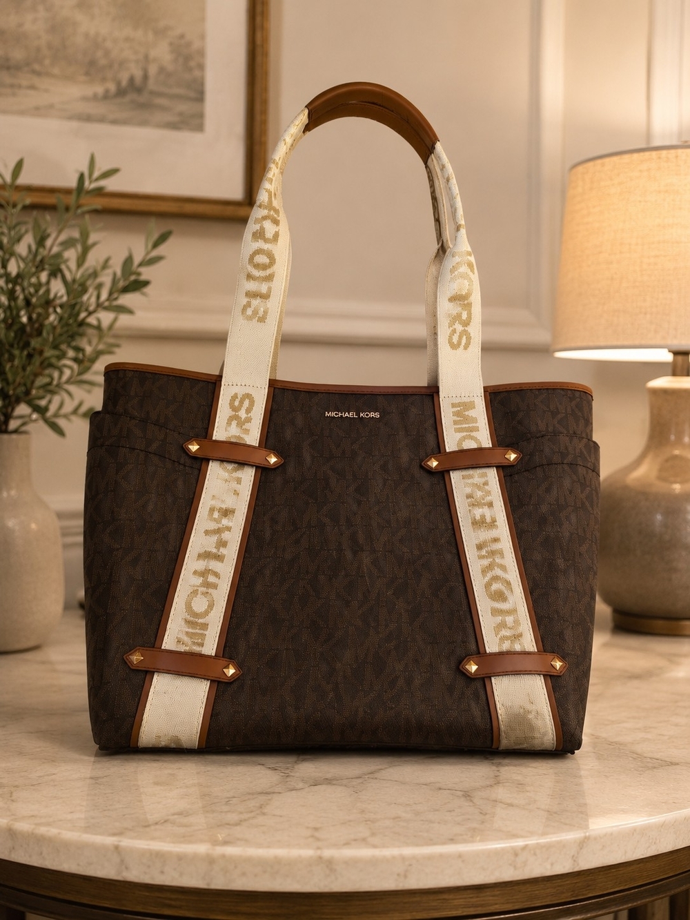Michael Kors Brown Logo Tote with Cream Branded Straps